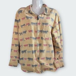 90s Cow Bull Shirt Jacket Sz L 12 Farm Western Rodeo Zip Chico's Design Vtg